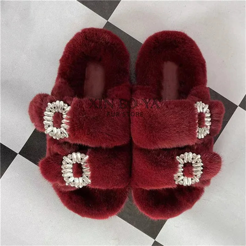 Winter Fur Slippers Women 2024 Flat Real Fur Mink Slippers Warm Soft Indoor Women Fur Slippers Luxury Designer Female Shoes