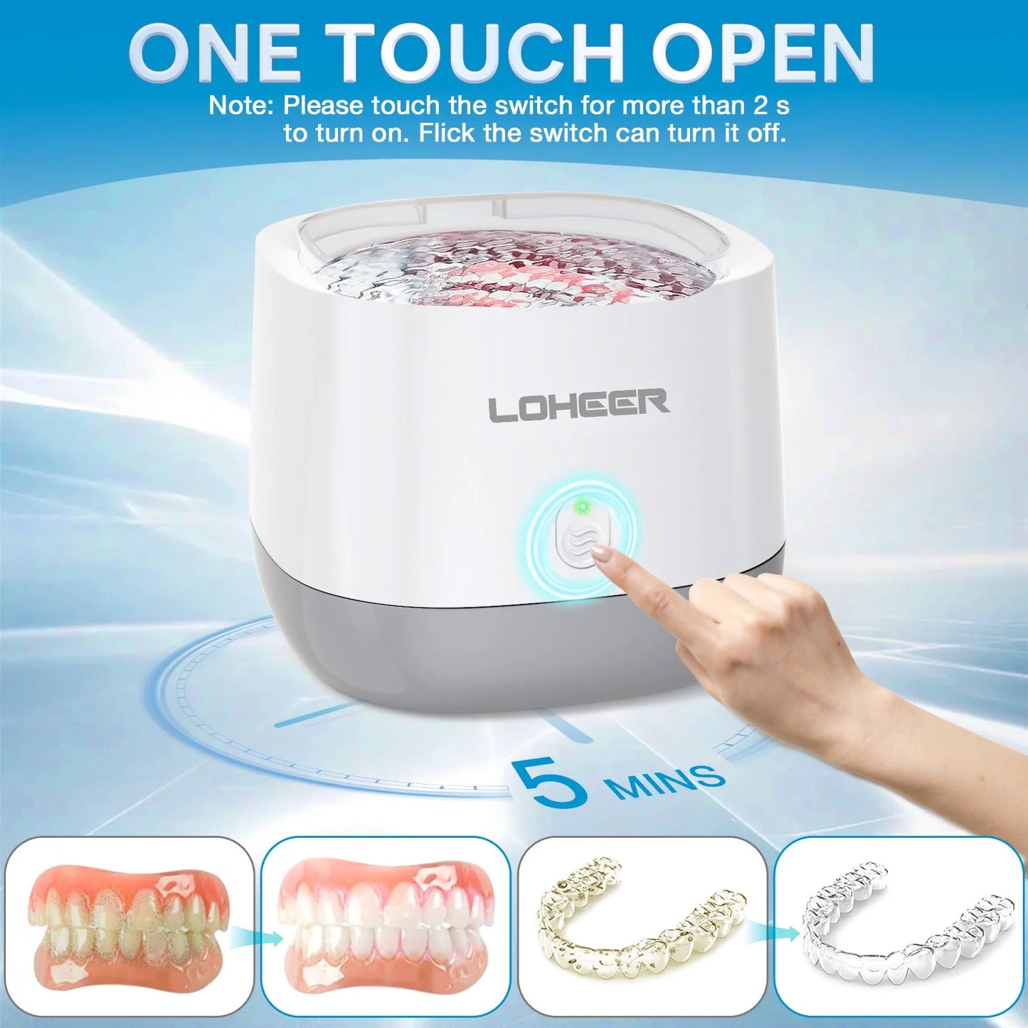 Ultrasonic Jewelry Cleaner, 45Khz Ultrasonic Retainer Cleaner for Dental, Mouth Guard, Ring