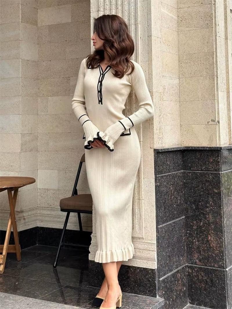 Ruffled Fashion Knit Dress Women Autumn Ribbed Contrast Long Sleeve High Waist Lapel Gown Dress Knitwear Ladies Maxi Dress