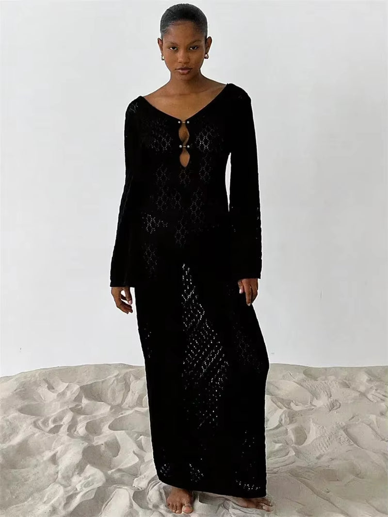 White Knit Fashion Cover up Maxi Dress Female See-Through V-Neck Hollow Out Beach Holiday Dress Knitwear Backless Dress