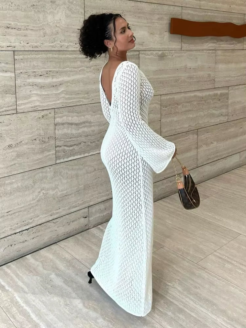 White Knit Fashion Cover up Maxi Dress Female See-Through V-Neck Hollow Out Beach Holiday Dress Knitwear Backless Dress