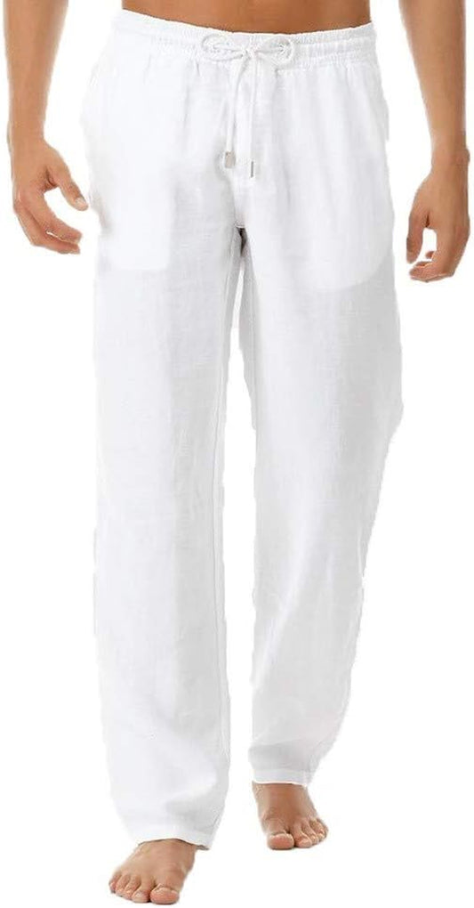 Work Pants for Men, Zipper Pockets Drawstring Tapered Chino Trousers White