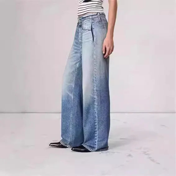 Retro Mid-waist Women's Jeans Loose Wide-leg Plus Size Straight-leg Pants