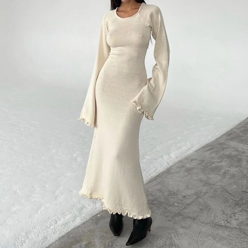 Y2K Knitted Maxi Dress Vintage Edible Tree Fungus Trim Bodycon Women Autumn Backless Tie up Long Dress Streetwear