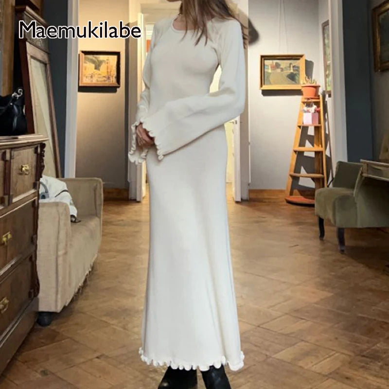 Y2K Knitted Maxi Dress Vintage Edible Tree Fungus Trim Bodycon Women Autumn Backless Tie up Long Dress Streetwear