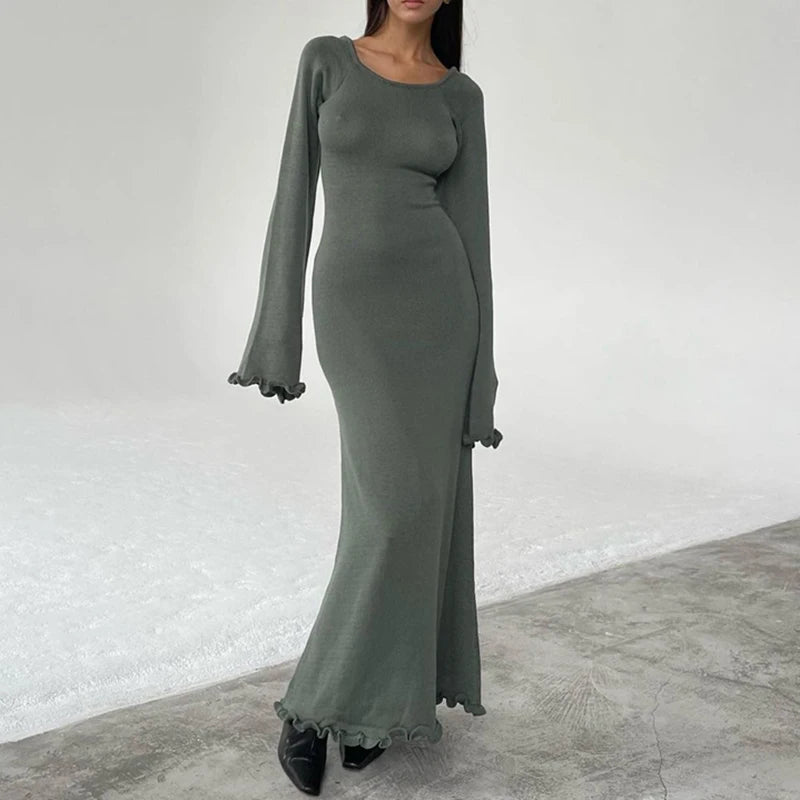 Y2K Knitted Maxi Dress Vintage Edible Tree Fungus Trim Bodycon Women Autumn Backless Tie up Long Dress Streetwear