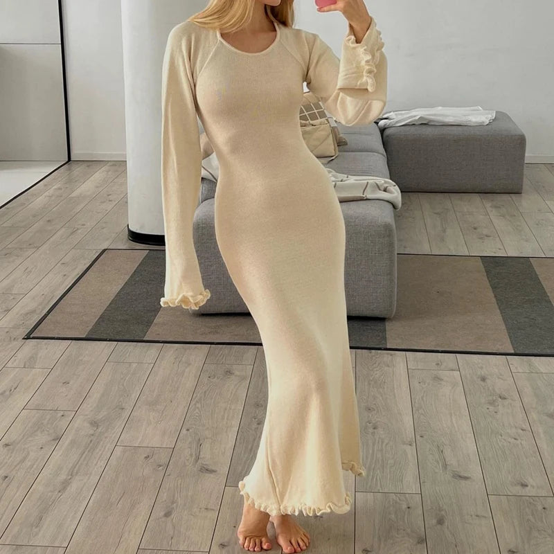 Y2K Knitted Maxi Dress Vintage Edible Tree Fungus Trim Bodycon Women Autumn Backless Tie up Long Dress Streetwear