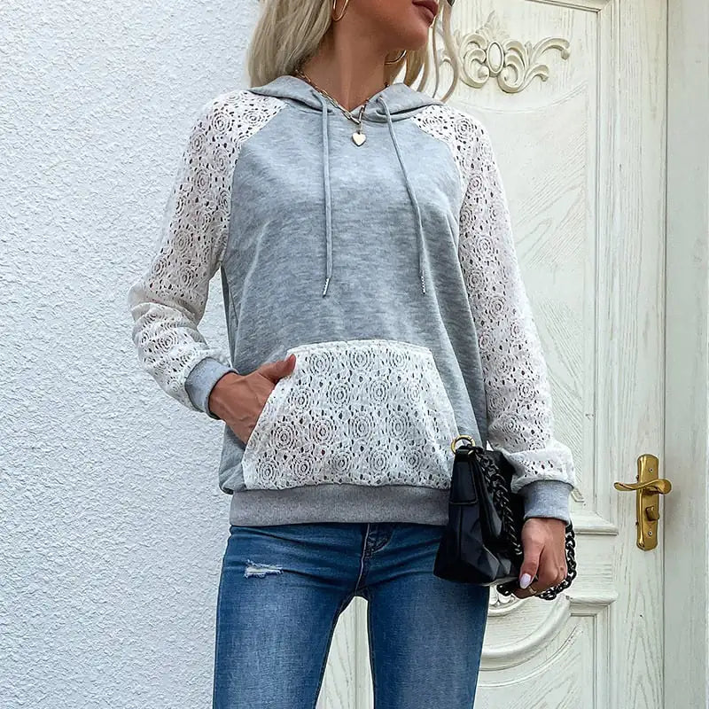Women's Hooded Sweatshirt with Lace Panel
