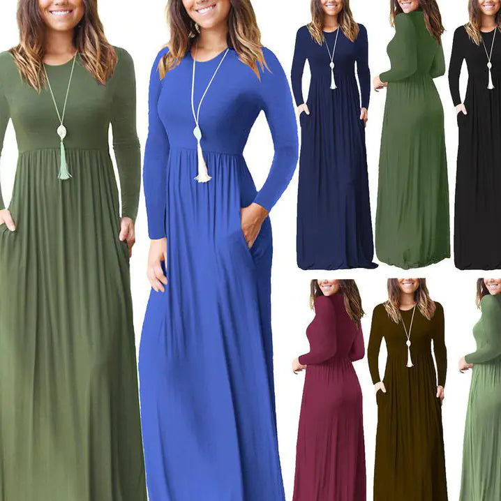 Women's Casual Long Sleeve Elastic Waist Dress