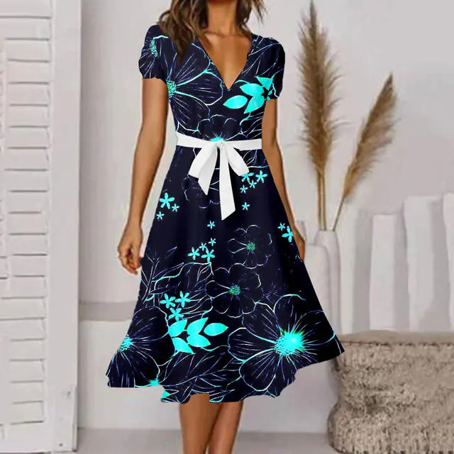Fashionable Sexy V-Neck A-Line Dress with Belted Waist