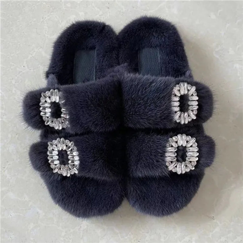 Winter Fur Slippers Women 2024 Flat Real Fur Mink Slippers Warm Soft Indoor Women Fur Slippers Luxury Designer Female Shoes