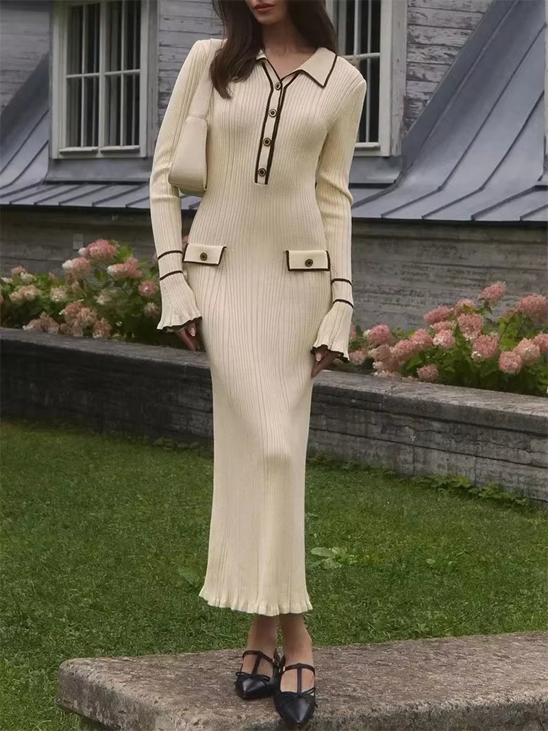 Ruffled Fashion Knit Dress Women Autumn Ribbed Contrast Long Sleeve High Waist Lapel Gown Dress Knitwear Ladies Maxi Dress