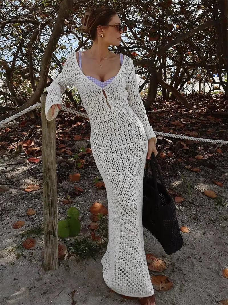 White Knit Fashion Cover up Maxi Dress Female See-Through V-Neck Hollow Out Beach Holiday Dress Knitwear Backless Dress